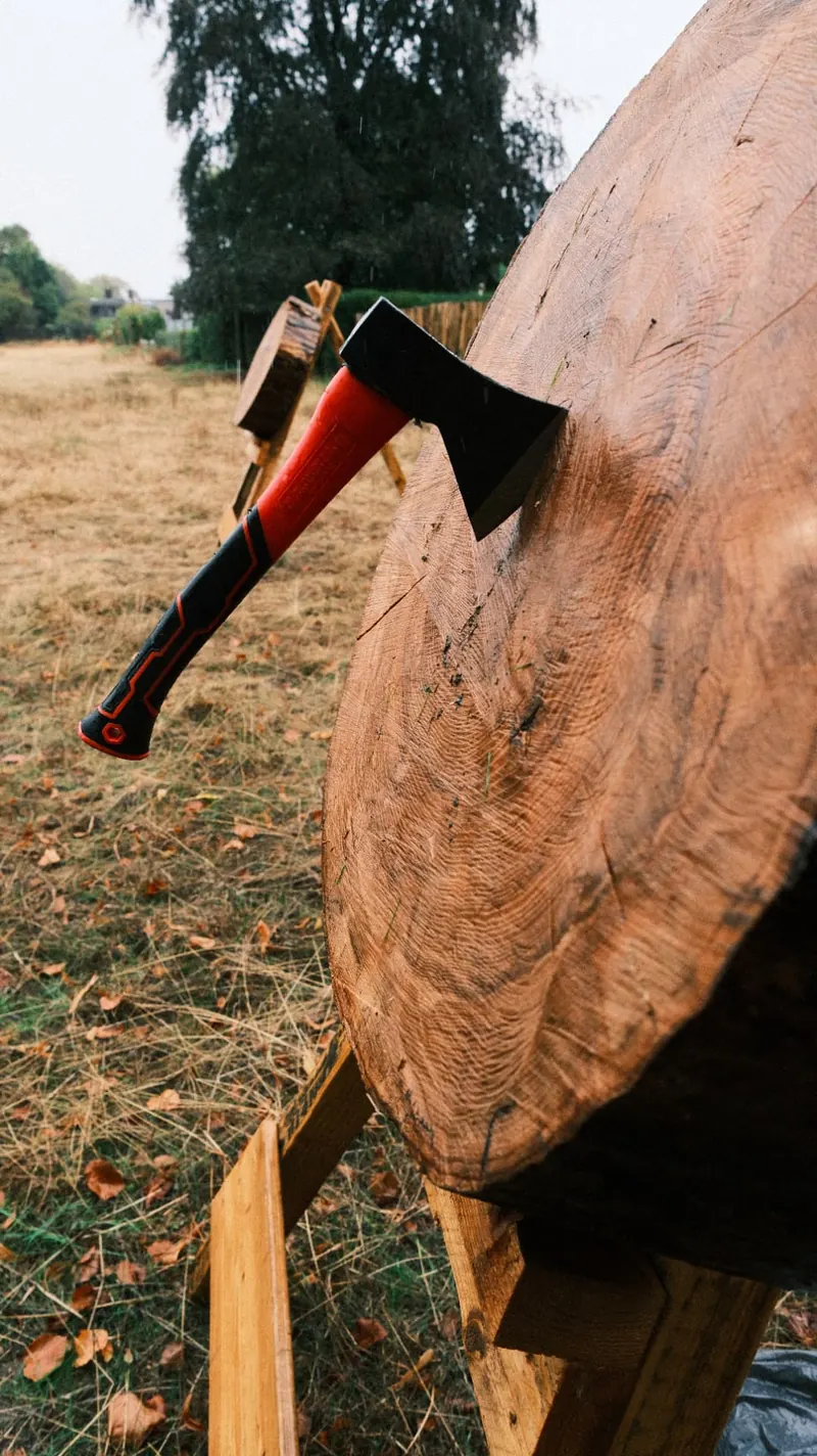 Bijl in het houten doel bij het bijlwerpen tijdens de Highland Games van Bougez
